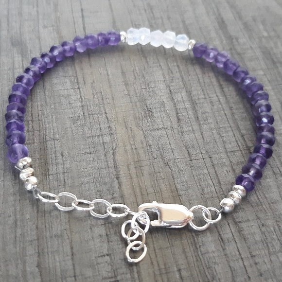 Amethyst & Rainbow Moonstone bracelet purple Genuine Gemstone sterling silver - Picture 3 of 3